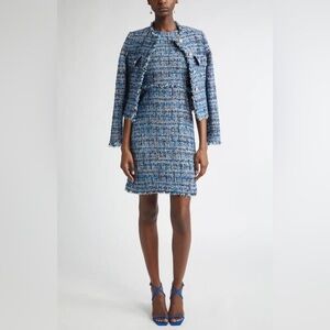 St. John Blue yellow white Tweed wool silk Jacket and Dress Set 16 xxl